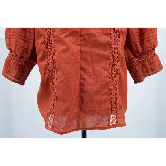 Ces Femme Women Top‎ Small Rust Lace Ruched Embroidered Detailed Button Closure - Picture 7 of 9